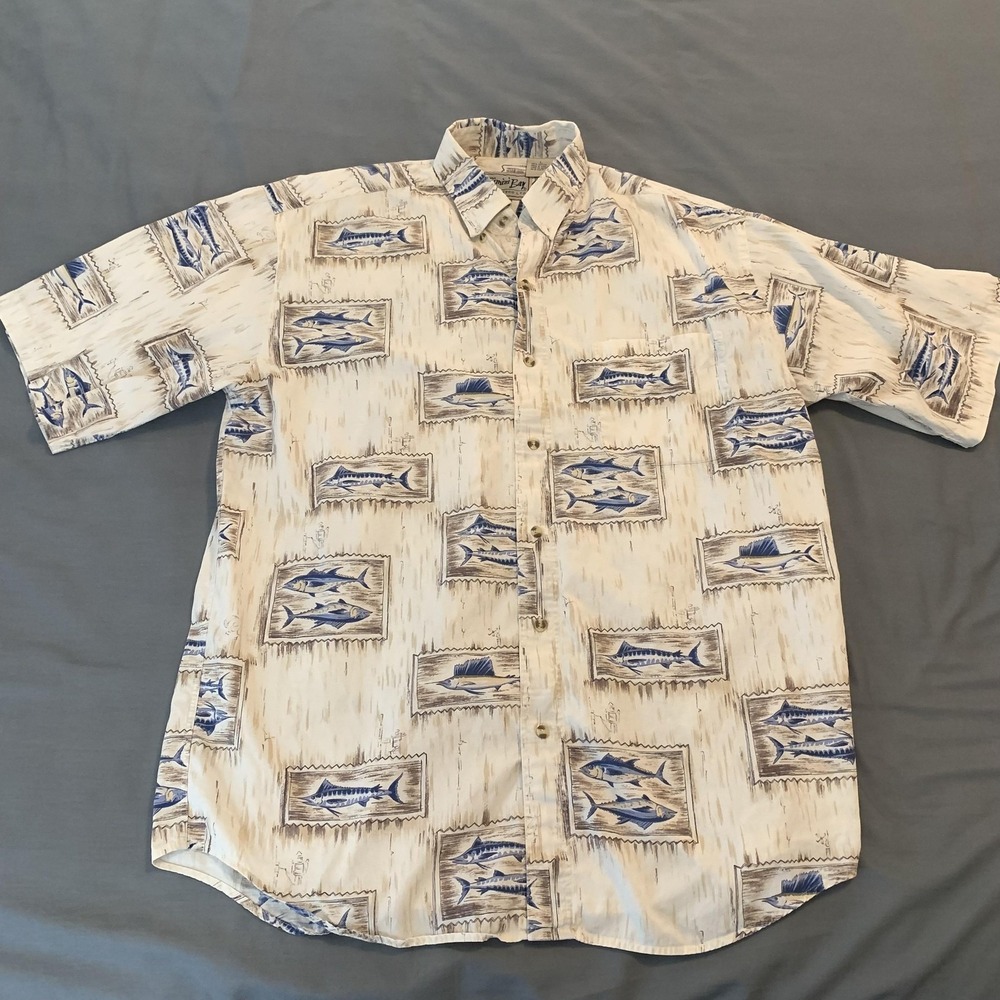 Bimini Bay Shirt Mens Large Beige Fish Print Short Sleeve Button Front Casual